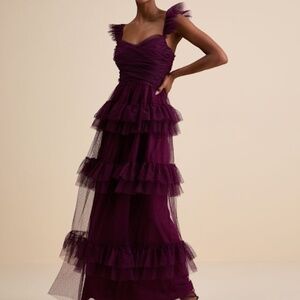 Lulus Pure Radiance Plum Purple Mesh Swiss Dot Tiered Maxi Dress - Size XS